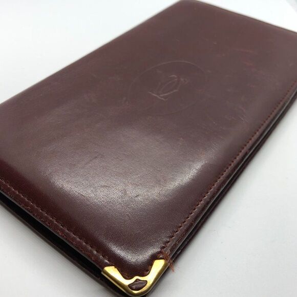 Must De Cartier Bordeaux Burgundy Red & Gold Leather Wallet Checkbook Holder - Picture 2 of 9